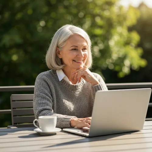 Senior woman using a laptop, smiling, representing passive income streams
