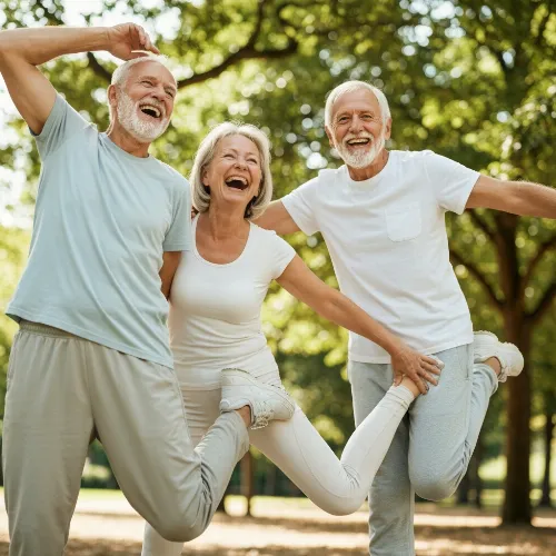 Happy senior couple exercising outdoors, representing wellness