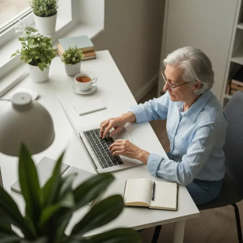 Person working on a tablet at home, surrounded by plants