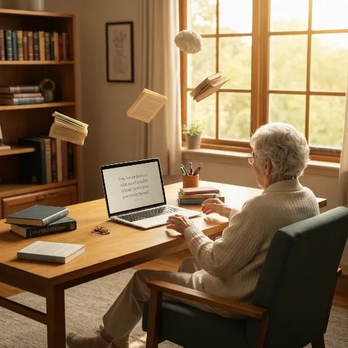 Elderly person using a laptop with money symbols floating around