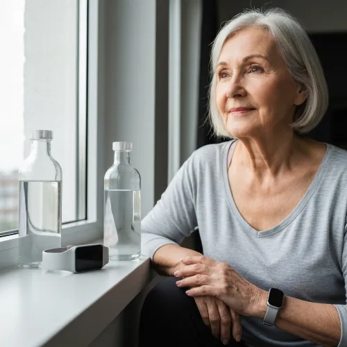 Healthy senior woman exercising with a bottle of supplements nearby